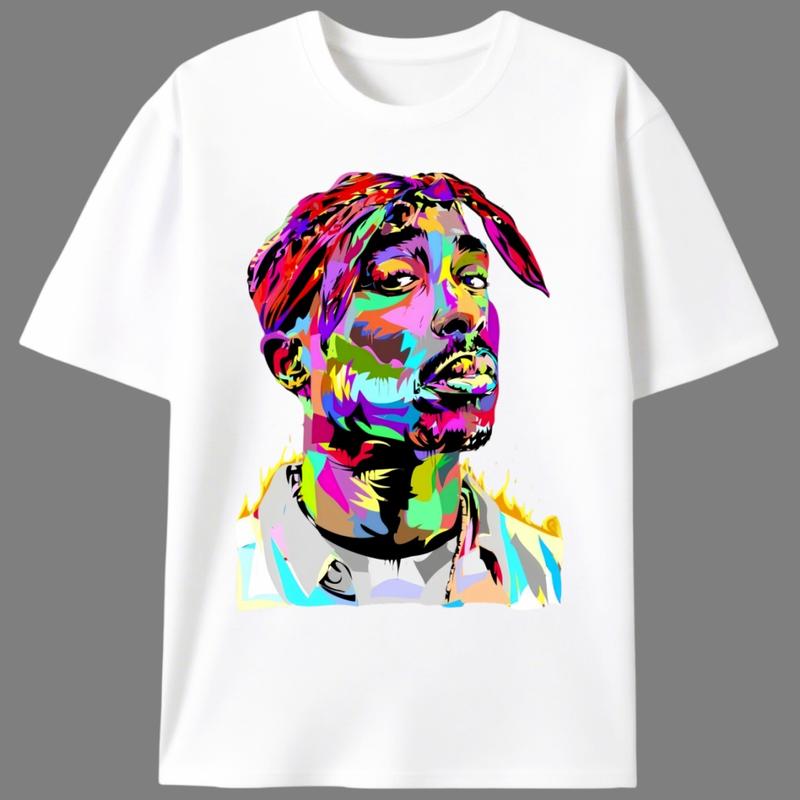 Men's Classic Retro Tupac Graphic Print Crew Neck Short Sleeve T-Shirt - 100% Cotton Soft Breathable Stylish Sports Apparel, 90s Hip Hop Casual Novelty Top, Shortsleeve, Tee, Round Neck, Comfy, Streetwear, Rap Fan Essential, Lightweight Tee, 90S Hip Hop V