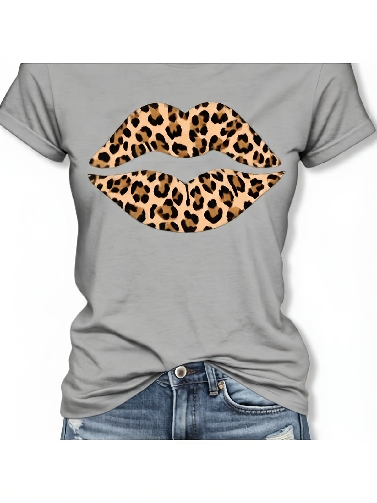 WoWomens Short Sleeve TShirt TShirt With Leopard Lips Printed Design Casual Round Neck Stretchy Soft Fabric Machine Washable Summer Fashion Top Trendy Attire Statement Tee Comforta