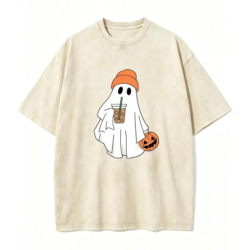 Men's Retro Oversized Acid Wash Black Short-Sleeve Round Neck Pumpkin & Ghost Print Casual T-Shirt - Cute Ghost With Orange Beanie, Iced Coffee Art, Soft Washed Fabric, Spooky Fall Streetwear, Halloween Gift, Machine Washable, Pumpkin & Ghost Print Men's