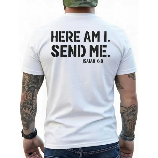 Men's "Here Am I Send Me" Faith Graphic Tee, Christian Clothing, Isaiah 6-8 Bible Verse Mens Gifts, Fathers Day Streetwear Gift for Dad, Faith Message Men's Short-Sleeve T-Shirts,sohochic