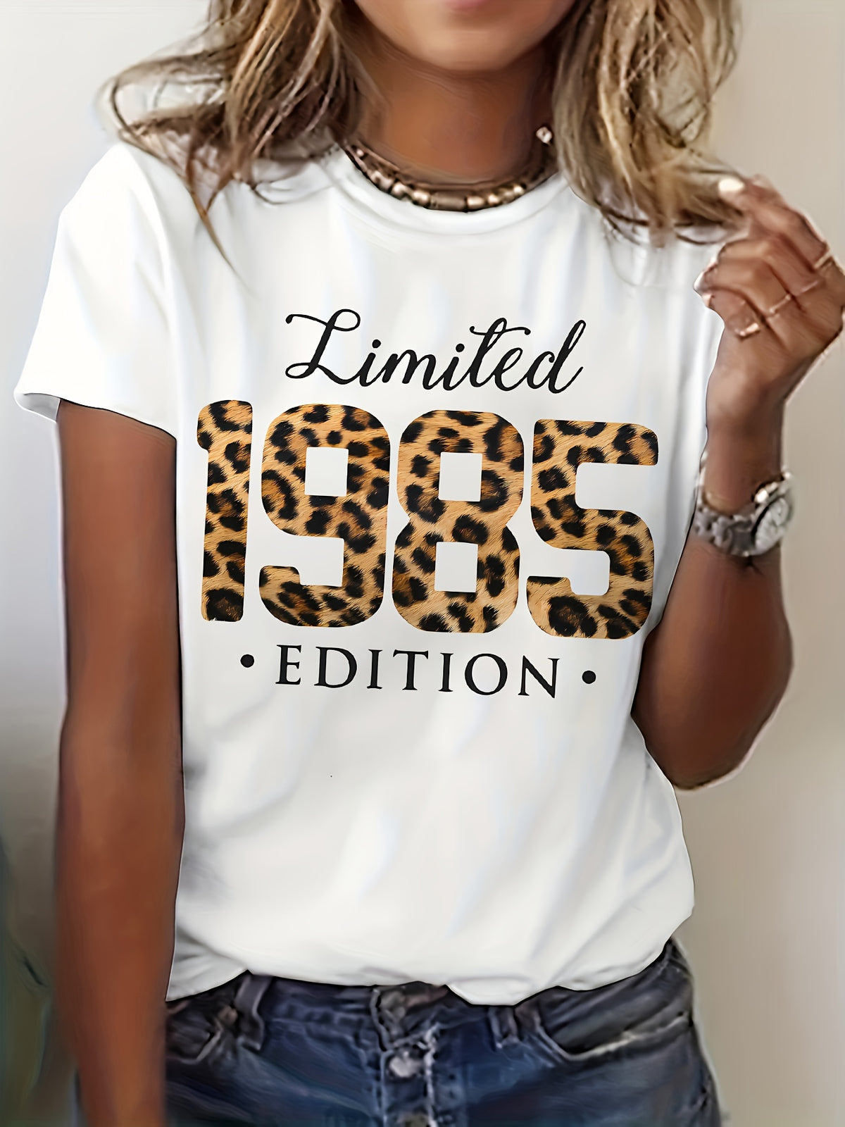 Birthday 1985 Vintage Leopard Letter Print T-shirt, Short Sleeve Crew Neck Casual Top For Summer & Spring, Women's Clothing
