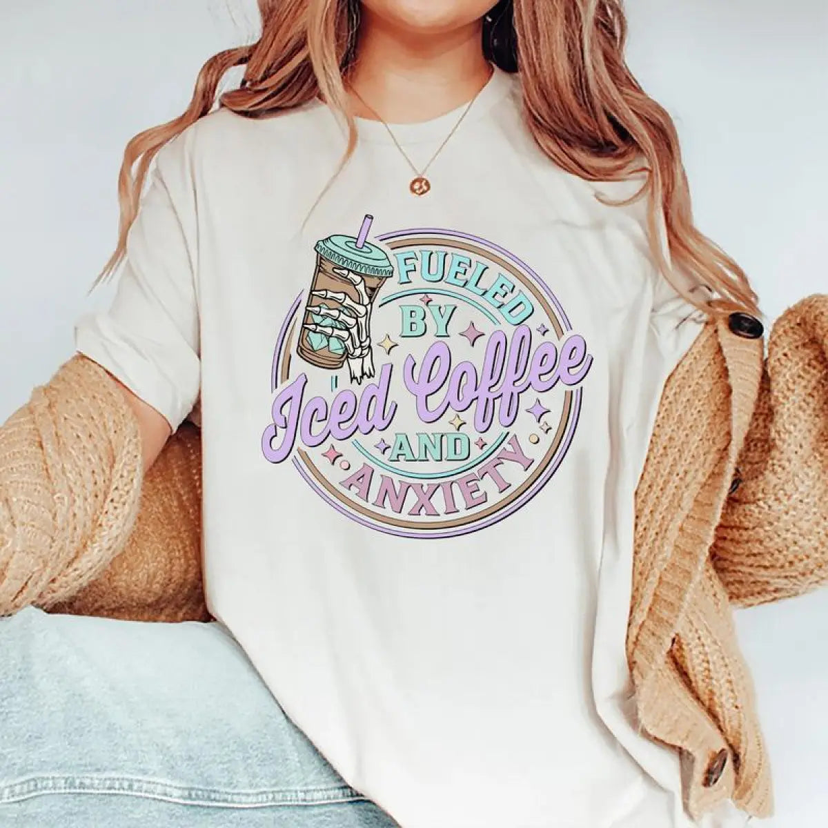 Fueled By Iced Coffee And Anxiety Shirt, Iced Coffee Mama T-shirt, Anxiety Mom Graphic Printed Tee, Viral Unisex Soft Fabric Short Sleeve Tee Shirt For Mom, Mother's Day Gifts, Women's Tops, Womenswear, Fabric Relaxed Fit Chic Style
