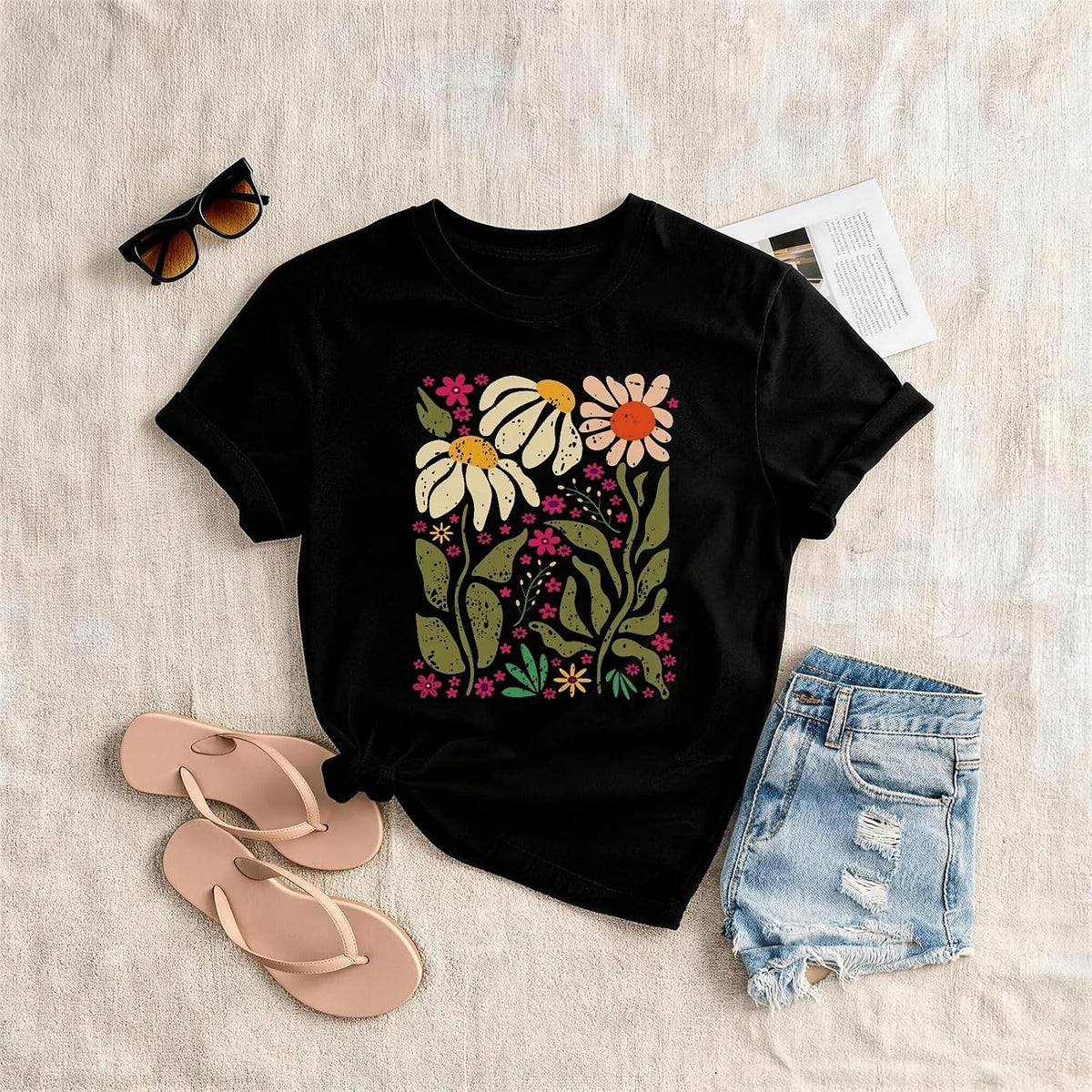 Rocksir Wildflower Shirt for Women,Vintage Floral Plant Graphic T-Shirts