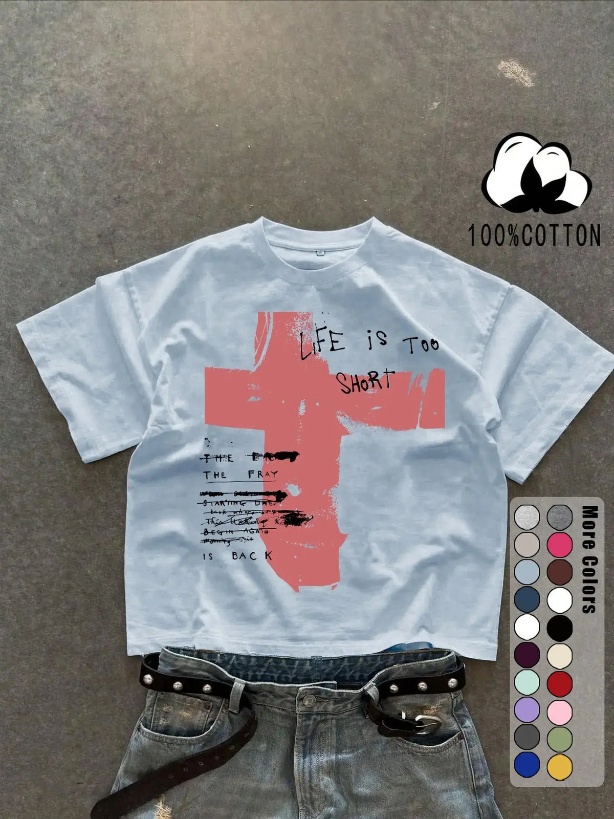 Unisex 100% Cotton Short Sleeve Round Neck T-Shirt, Cross Graffiti Print, Y2K Dark Gothic Street Style, Streetwear, Casual Daily Wear, Loose-Fitting, Long Length, Aesthetic