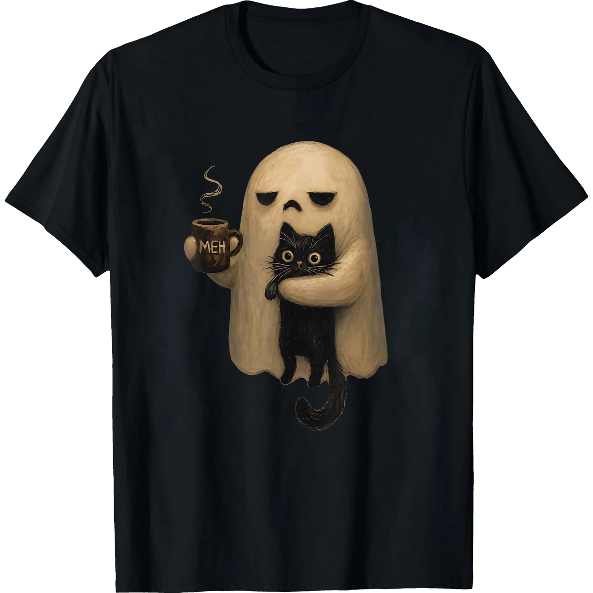 Halloween T-shirts, ChristmasSpooky Ghost Holding Black Cat Coffee Lover Funny Halloween