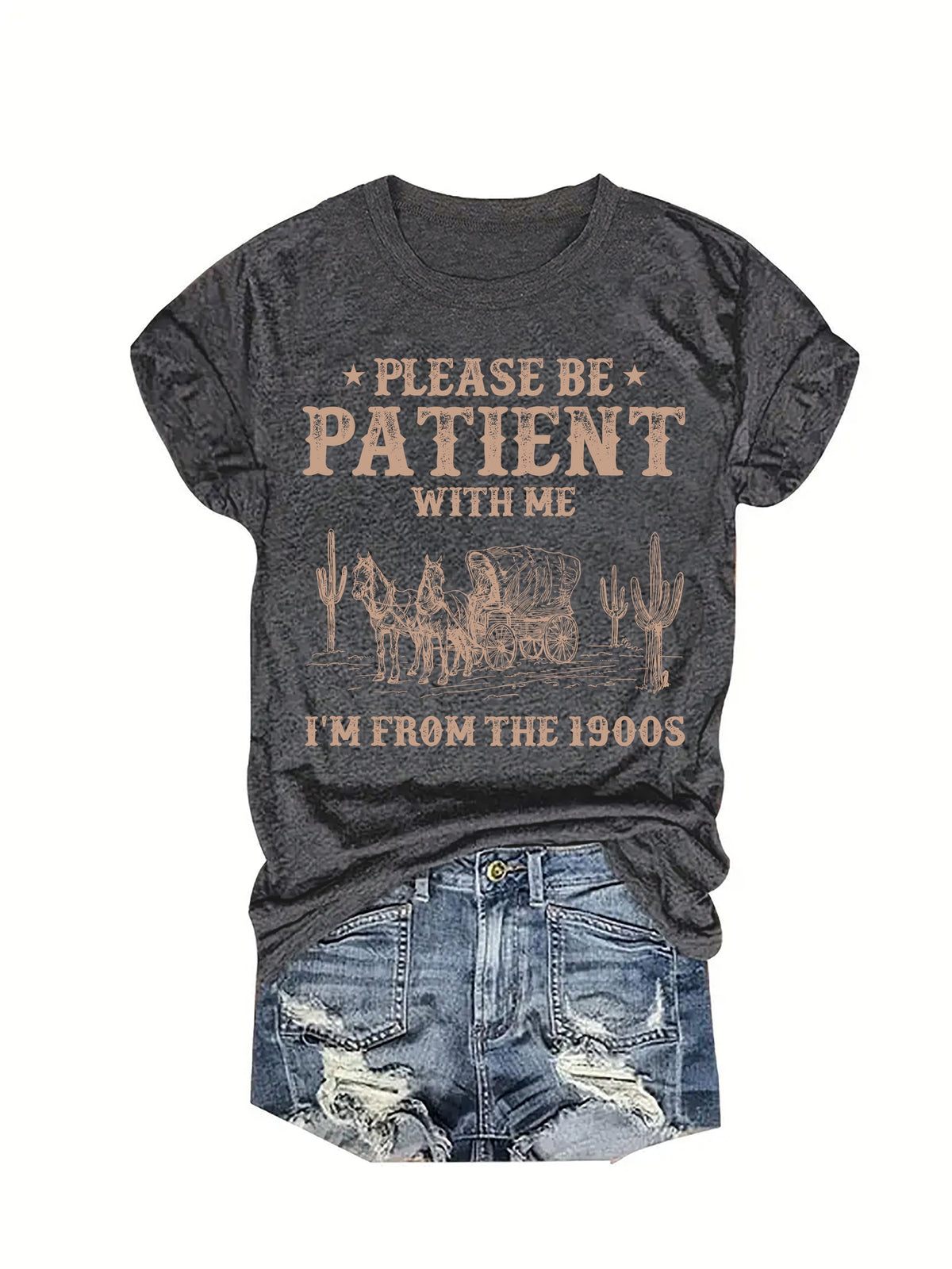 Western Style Letter Printed Round Neck T-Shirt, Casual Vacation Women'S Short Sleeve Top, Women'S Clothing