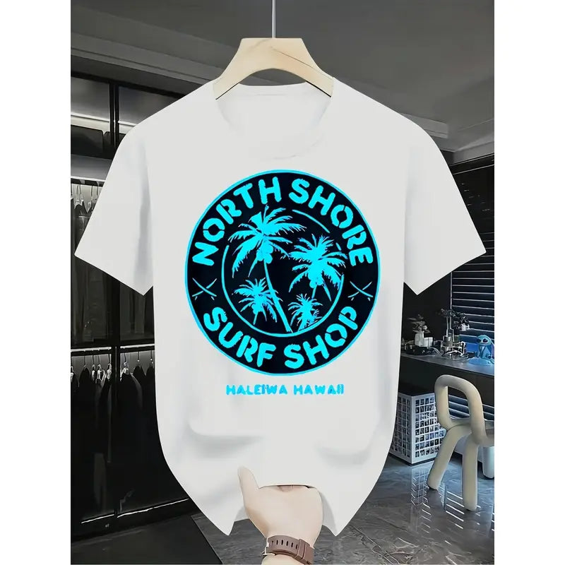 North Shore Surf Shop Hawaii T-Shirt for - Coconut Palm Tree & Surf Graphic Tee, Short Sleeve Round Neck Casual Beachwear Suitable for Birthday Gifts, Casual Attire, Hawaiian Apparel, Machine Washable Apparel