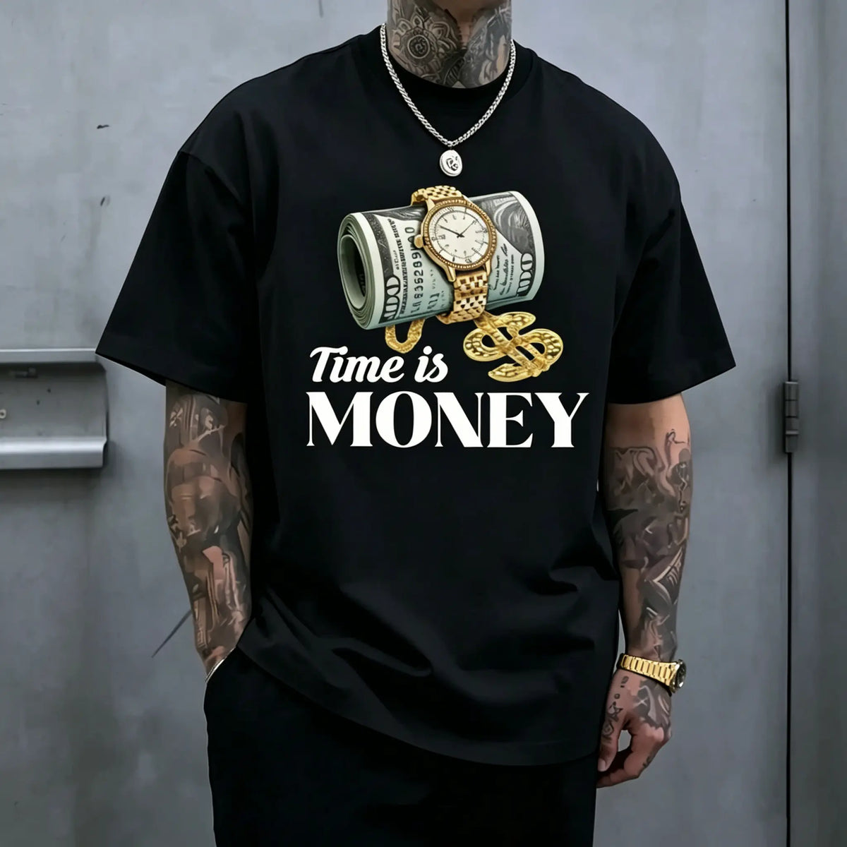Men's "Time is Money" Graphic Print Tshirt, Hip Hop Streetwear Style Crew Neck Top, Soft Breathable Fabric for Casual Outfits, Cargo Pants, Joggers