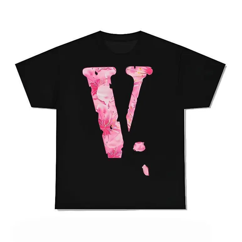 Men's Y2000 Streetwear Soft Stretchy Cotton Short-Sleeve Tshirt - V-Letter Printed, Round Neck, Loose Fit, Casual Fabric Top, Machine Washable, Ideal for Shopping