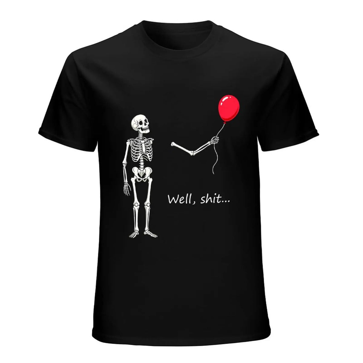 Funny Skeleton Balloon Shirt, Dark Humor Graphic Tee, Halloween Style Black Short Sleeve Cotton Blend Top, Skeleton Gift Shirt