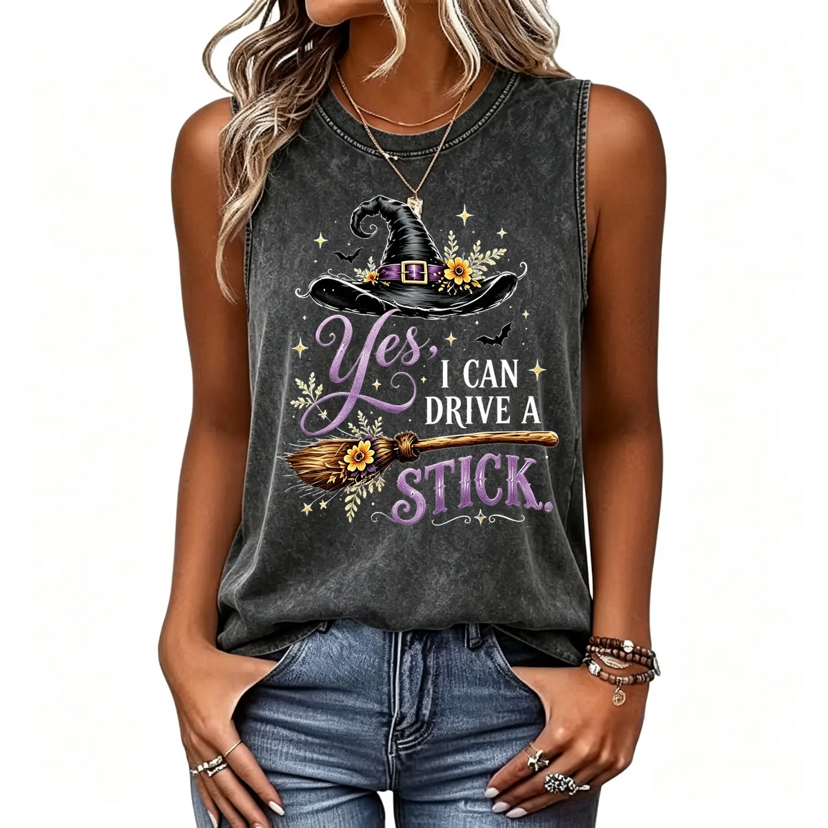 Women's Short-Sleeve Crew Neck Halloween Humor Graphic Tee - "Yes I Can Drive A Stick" Witch Hat Broom Print Casual Clothes, Funny Apparel Top,sohochic