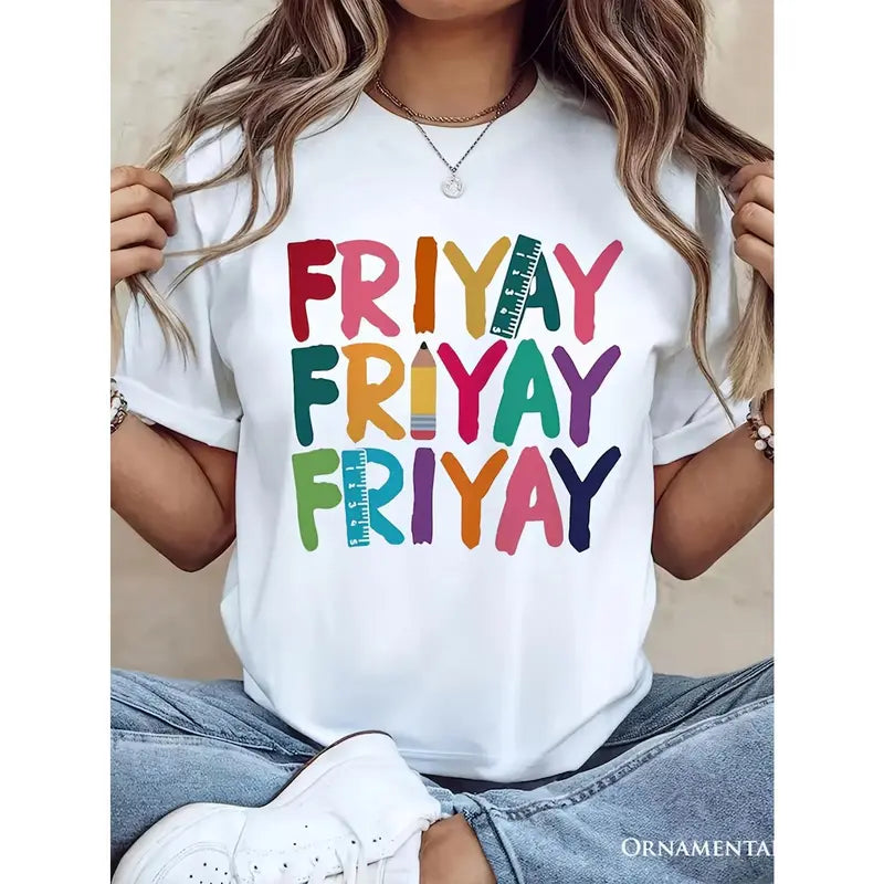 Women'S Friday Teacher T-Shirt - Soft Breathable Crew Neck Tee with Colorful "FRIYAY" Graphic - Lightweight Casual Short Sleeve Top for Teachers, Weekend Outfits, Spring Summer Fall Casual Attire & Friday Celebrations - White Shirt with Multicolor Letteri