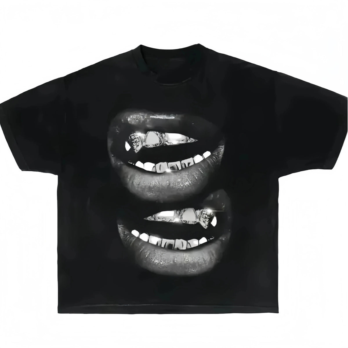 Women's 100% Cotton Short-Sleeve Casual Round Neck Streetwear Boxy Top, Garment Dyed with Grin Fang Mouth Design