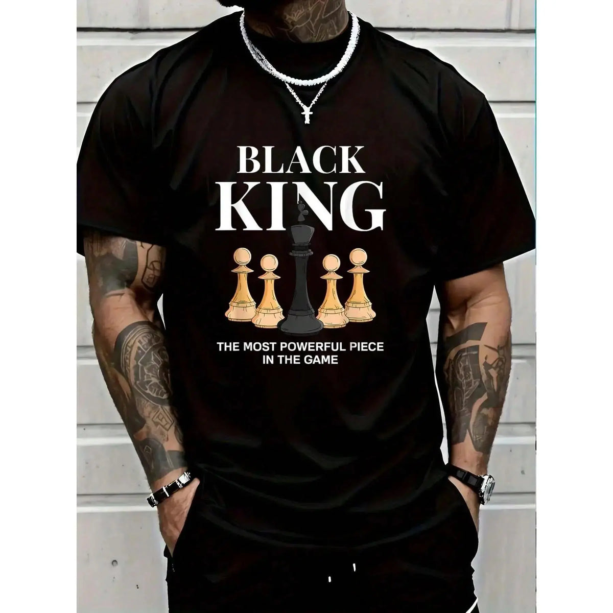 Black King Chess Piece Graphic Short Sleeve Shirt, Relaxed Fit Soft Breathable Womens Summer Clothing Featuring Durable Printed Craft, Inspirational Letter Tee, Fashionable Summer Outfits Women, Powerful Statement Apparel Aligned With SummerVibes, Casual,