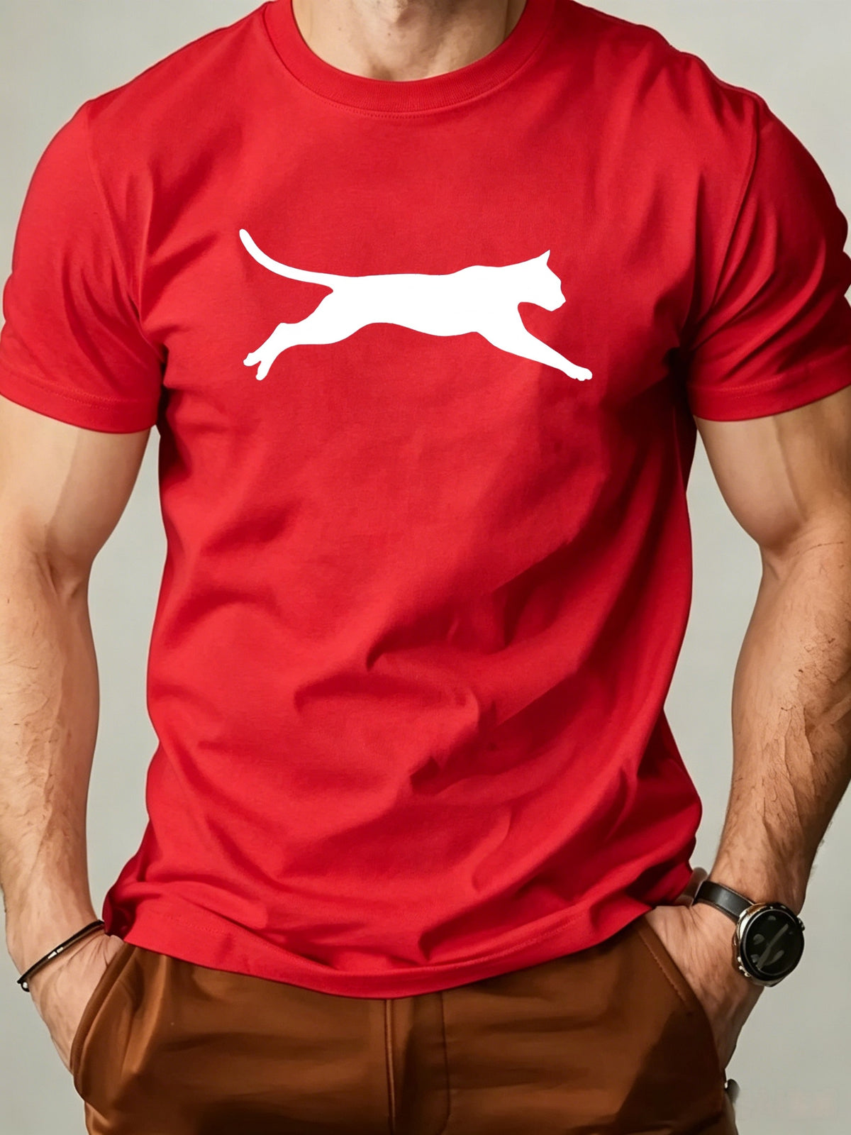 Gym Outdoor Men Breathable Short Sleeve Clean Solid Sprint Cheetah Minimal Wild Animal Outline Soft Loose Commute Top