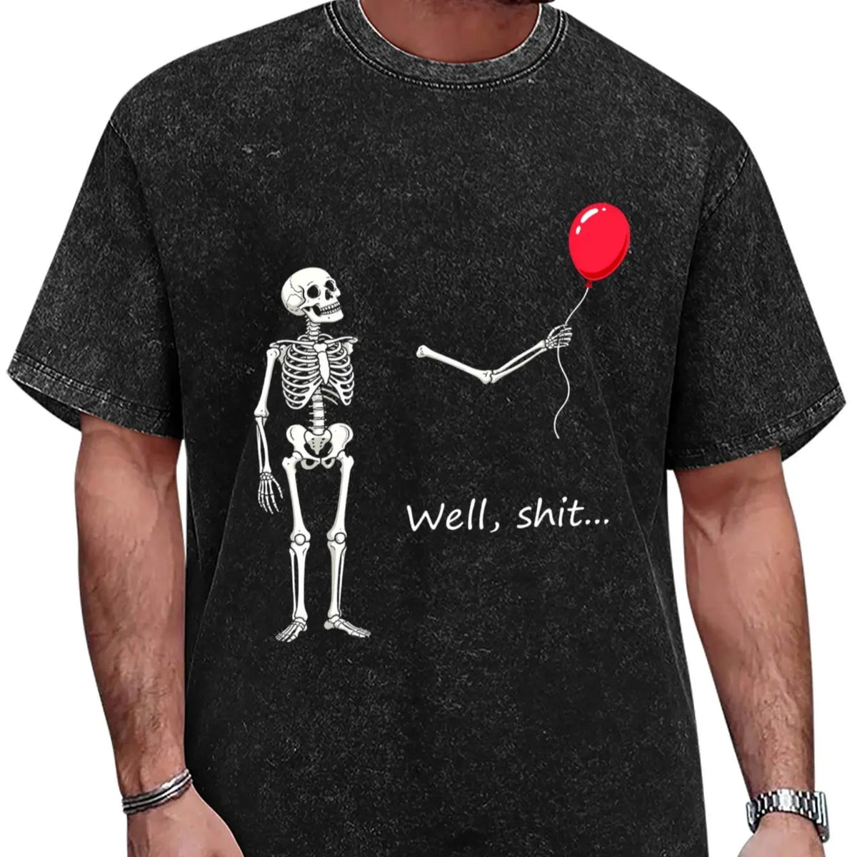 Funny Skeleton Balloon Shirt, Dark Humor Graphic Tee, Halloween Style Black Short Sleeve Cotton Blend Top, Skeleton Gift Shirt