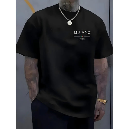 Mens Oversized Crew Neck Short Sleeve Tee Soft Streetwear Boxy Fit White Milano Italia Chest Print Summer Casual Outfit Crewneck Menswear