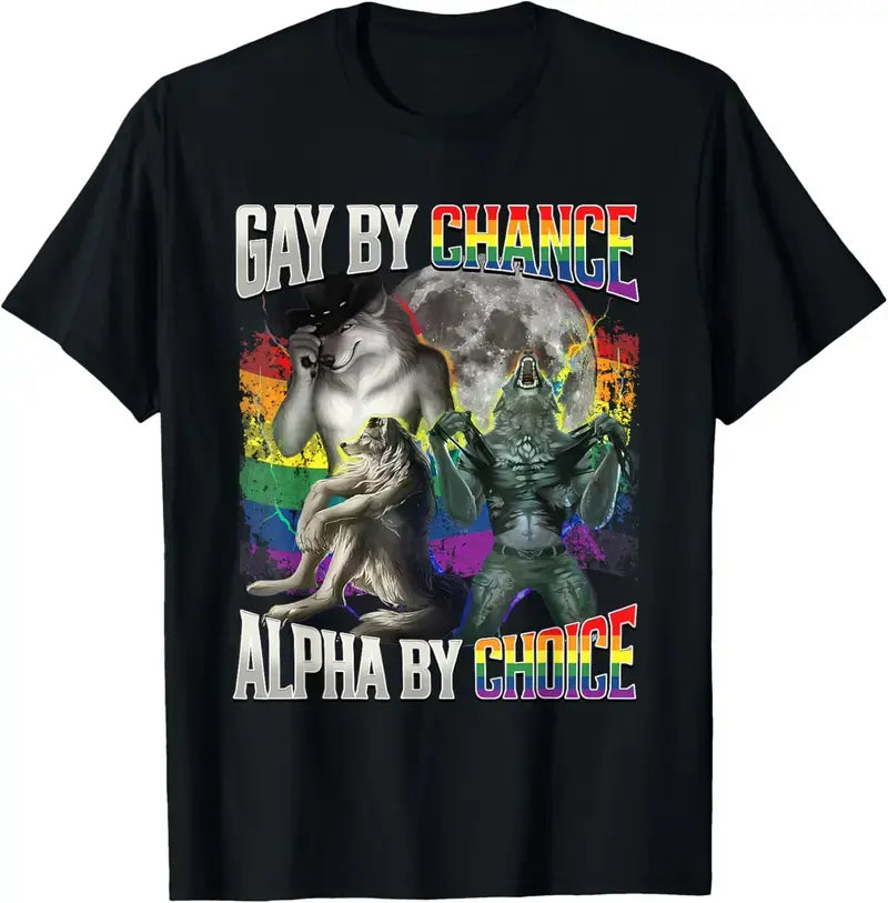 100% Cotton Short-Sleeve Round Neck Classic Style LGBT Pride Sports Top - "Gay By Chance Alpha By Choice" Alpha Wolf Menswear Garment, Soft Fabric, Casual Fit Graphic Sports Top