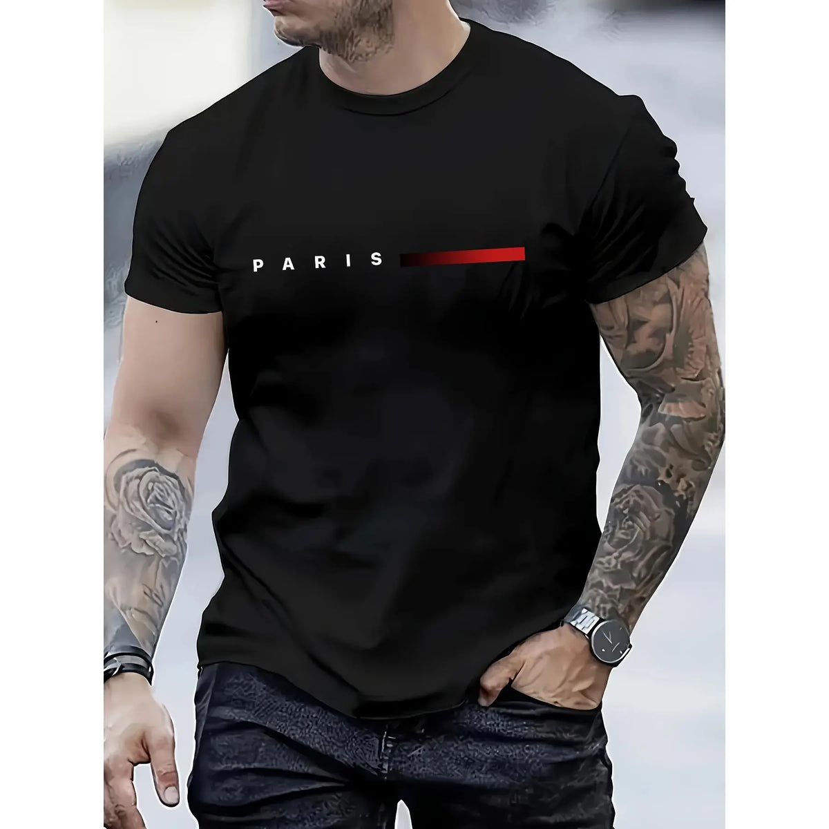 Men's Fashion Paris Print T-Shirt, Casual Round Neck, Soft Polyester, Regular Fit, Summer Top, Knitted Fabric, Adult Size,sohochic