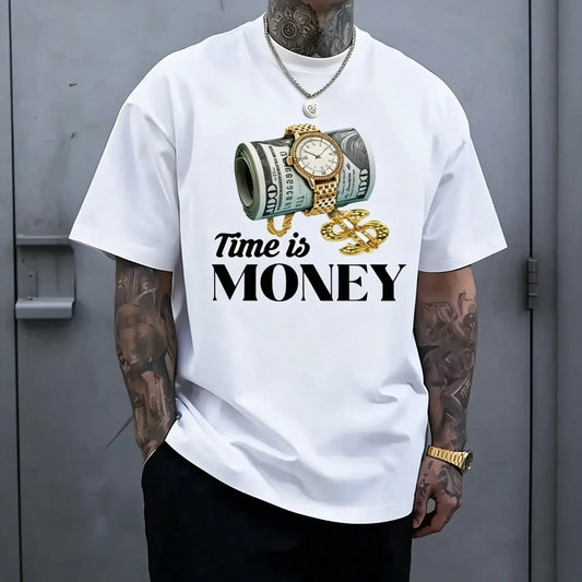 Men's "Time is Money" Graphic Print Tshirt, Hip Hop Streetwear Style Crew Neck Top, Soft Breathable Fabric for Casual Outfits, Cargo Pants, Joggers
