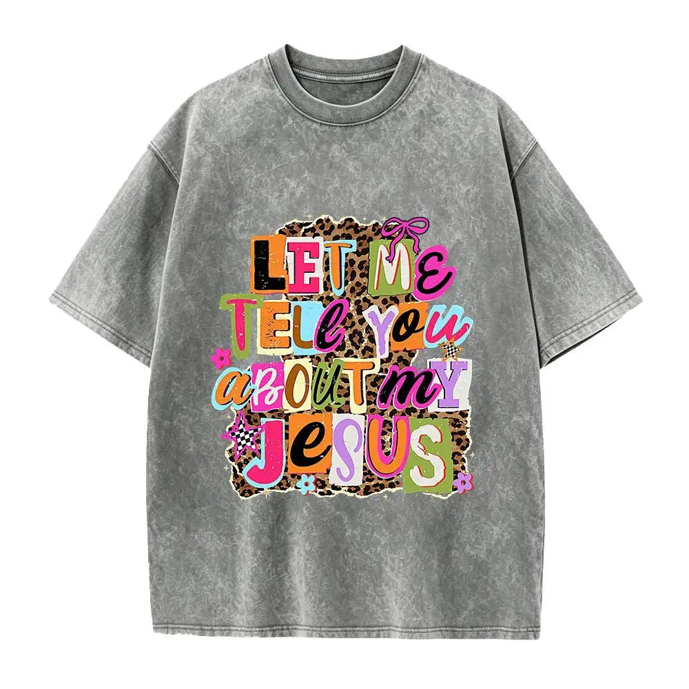 Let Me Tell You About My Jesus" T-shirt, Christian-style leopard print, faith quote T-shirt design, religious Easter shirt. Fit Womenswear Top Knit,sohochic