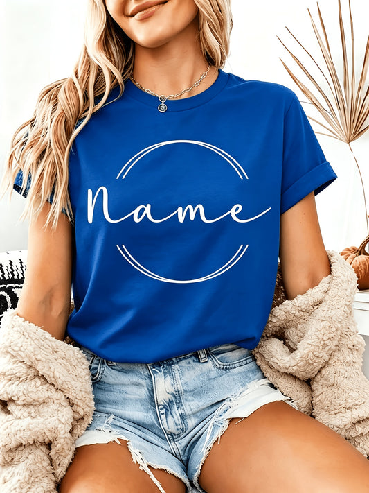 Custom Personalized Name Women T-Shirt, Minimalist Circle Cursive Custom Text Graphic Short Sleeve Tee, Simple Elegant Crew Neck Relaxed Fit Ladies Top, Plain Minimal Line Print Soft Casual Daily Basic Outfit