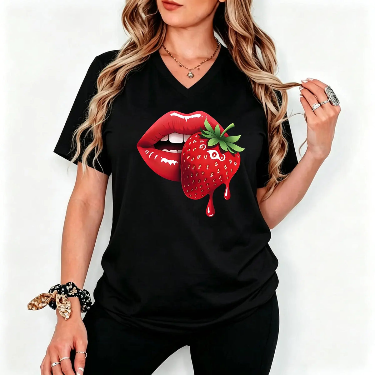 Women S Casual T Shirt Featuring Strawberry Lip Print Comfortable Fit Short Sleeve Machine Washable Ideal for Spring Summer and Fall Perfect Gift for Sisters