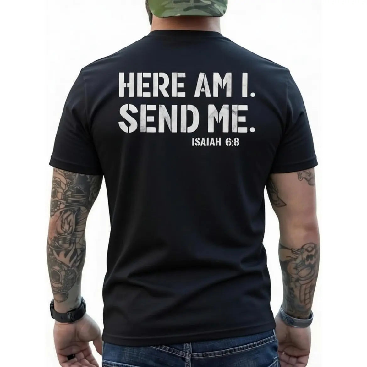 Men's "Here Am I Send Me" Faith Graphic Tee, Christian Clothing, Isaiah 6-8 Bible Verse Mens Gifts, Fathers Day Streetwear Gift for Dad, Faith Message Men's Short-Sleeve T-Shirts,sohochic