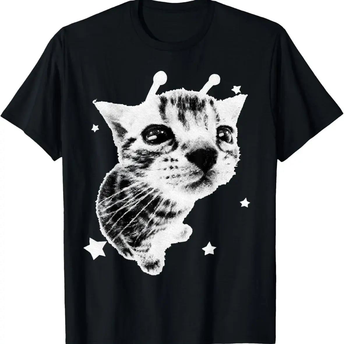 Women's Pure Cotton Round Neck Short-Sleeve Casual Streetwear T-Shirt, Y2000 Alien Cat Meme Retro Graphic Top, Gifts for Men & Women