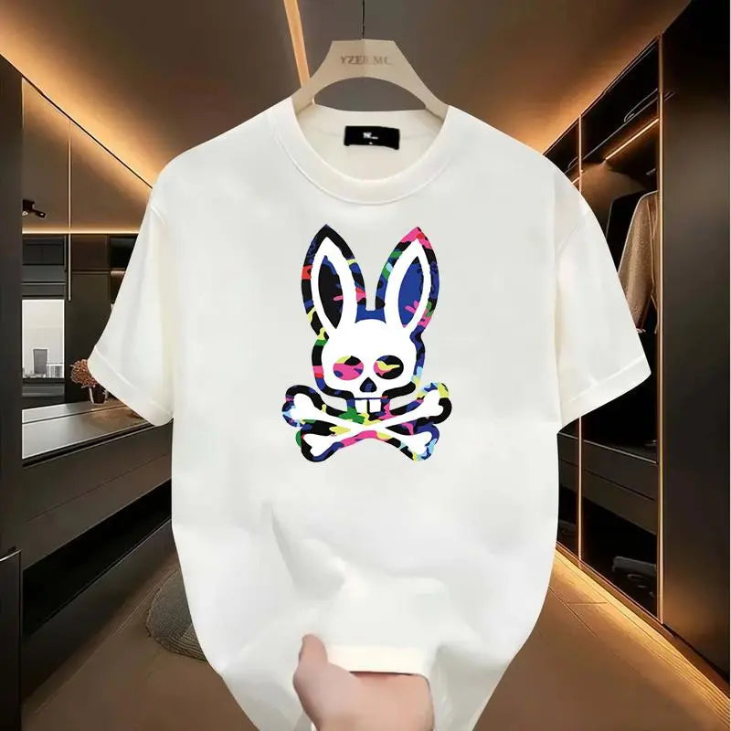 Men's Cotton Look T-Shirt - Colorful Bone Rabbit Graphic, Short Sleeve, Round Neck, Casual Fit Men's Clothing for St. Patrick's Day