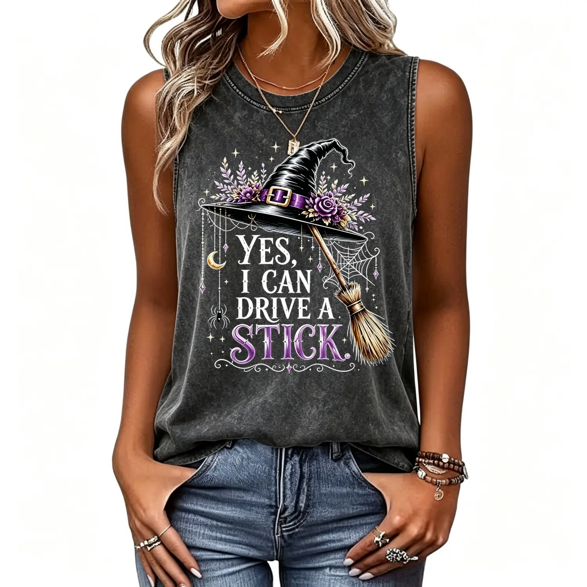 Women's Short-Sleeve Crew Neck Halloween Humor Graphic Tee - "Yes I Can Drive A Stick" Witch Hat Broom Print Casual Clothes, Funny Apparel Top,sohochic
