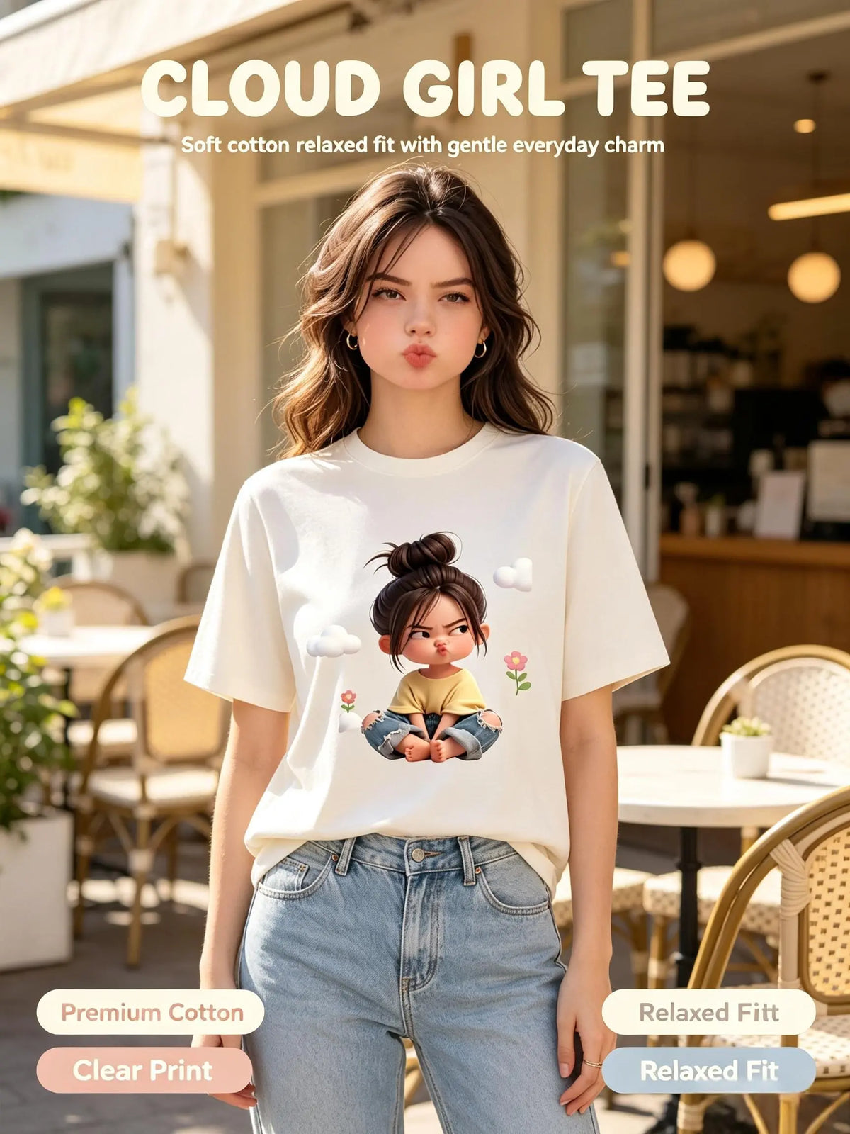 Women's Premium Cotton Cartoon Girl & Clouds Graphic T-Shirt - Short Sleeves, Crew Neck, Fitted, Elastic, Comfortable, Blush Pink Aesthetic, Casual Girly Tops, Valentine's Day Colorful Style All Seasons Beach Tee Sohochic, Valentines Day, Cartoon Style
