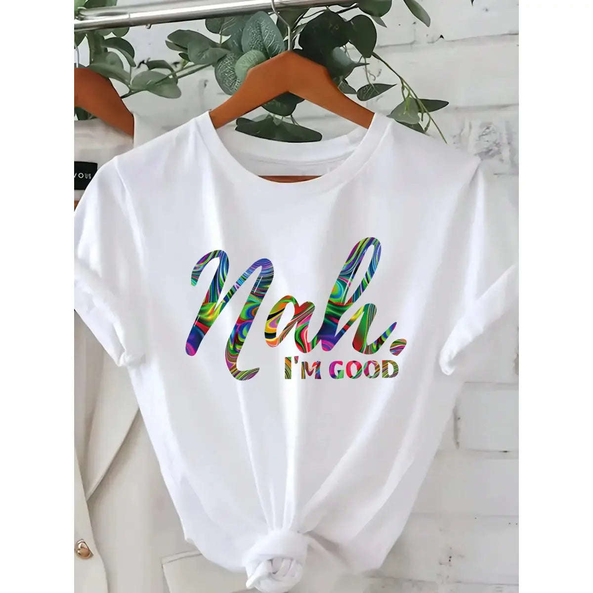 Colorful Gradient 'Nah, I'm Good' Letter Print T-Shirt For Women - Casual Round Neck, Short Sleeve, Polyester, Machine Washable - Perfect For Spring/Summer/Fall