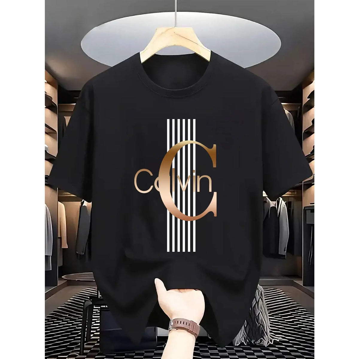 Men'S Casual Calvin Graphic T-Shirt - Bold Letter Print with Black Stripes & Golden Accents, Breathable Round Neck Summer Streetwear, Machine Washable, Comfortable Everyday Fashion Tee, Everyday Tshirt |Bold Letter Print |Comfortable Fit, T Shir Cotton