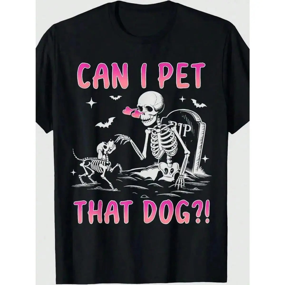 Men's Relaxed Fit Shortsleeve Graphic Print T-Shirt - Breathable Fabric Menswear, Funny Skeleton "Can I Pet That Dog?" Halloween Top