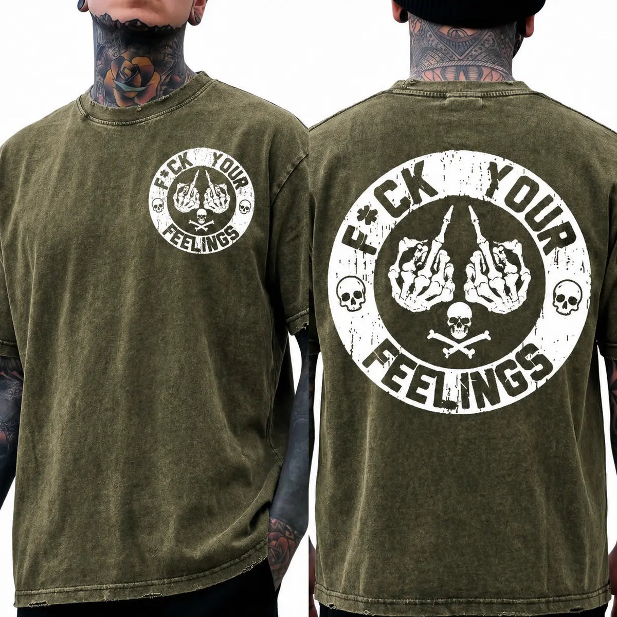 Men's "F*ck Your Feelings" Skull Graphic T-Shirt, Short-Sleeve Round Neck Loose Menswear, Bold Statement Limited Edition Fashion Streetwear Casual Angel Tee tiktokshopspringglowup,summervibes Cotton Tops Black Crewneck Tropical
