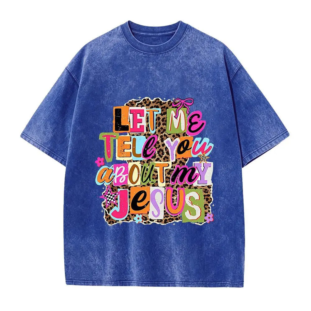 Let Me Tell You About My Jesus" T-shirt, Christian-style leopard print, faith quote T-shirt design, religious Easter shirt. Fit Womenswear Top Knit,sohochic