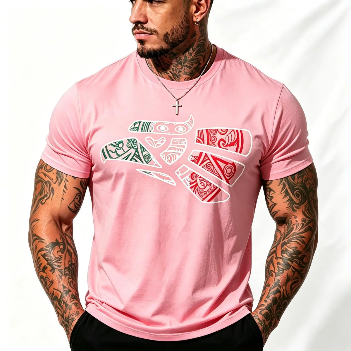 Latino Heritage Cotton T-shirt Featuring Green White Red Mexico Eagle Tribal Art Design with Mexico Flag Tattoo Eagle Theme for Men