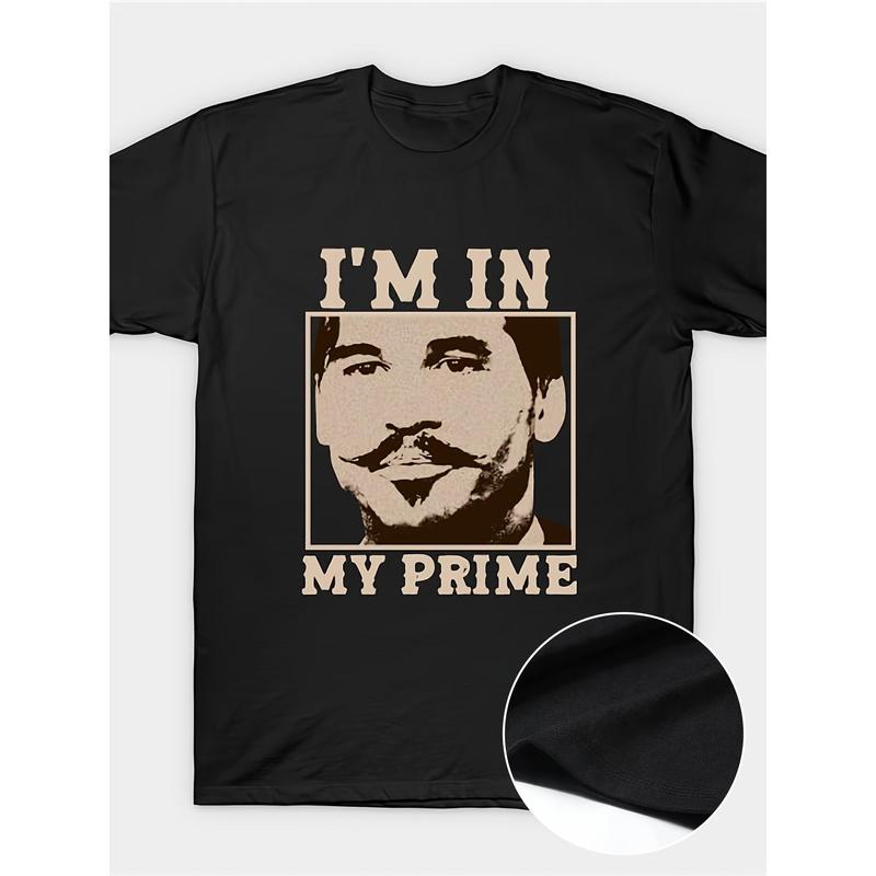 Men's 220g 100% Cotton Soft Crew Neck Premium Vintage Print Short Sleeve Tshirt - Doc Holiday "I'M In My Prime" Tombstone Movie Design, Casual-Tailored Stretchy Fit, Business/Streetwear, All-Seasons Pants-Compatible Top, Boyfriends Fashion Gift