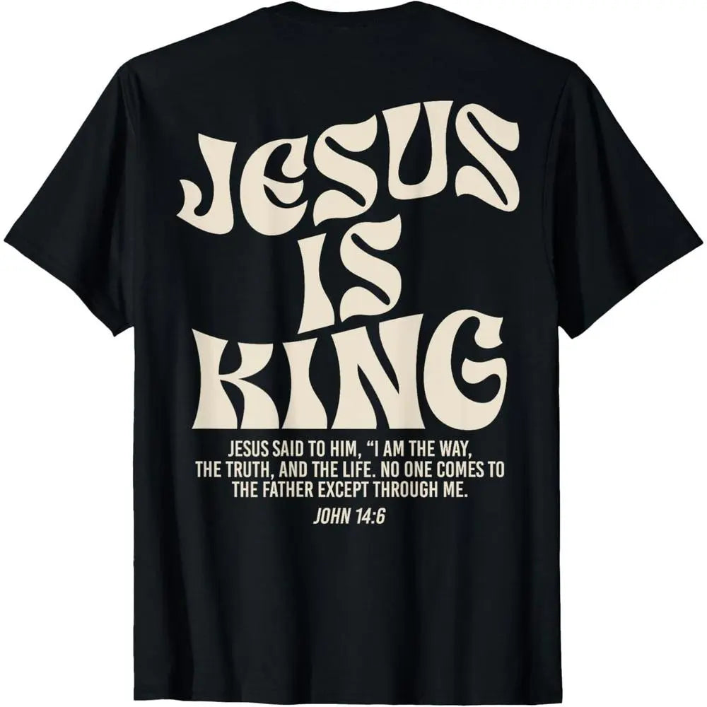 Men's Christian Front Print Bible Quote T-Shirt, John 14:6 Jesus Is King Design, Casual Retro Short-Sleeve Top with Moderate Stretch for Adults
