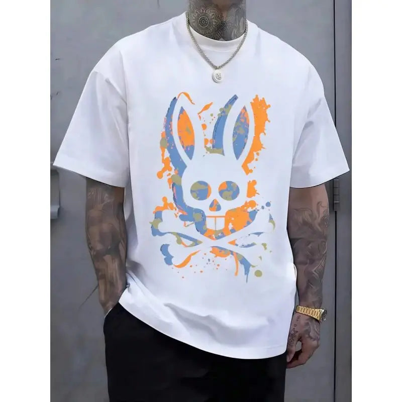 Women's Graphic T-Shirt, 100% Cotton Casual Top with Colorful Skull Rabbit Head & Crossed Bones Design, Rock-Inspired Edgy Look for Distinctive Style, Graphic T Shirts, Women's T Shirts