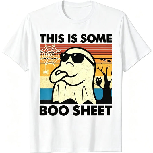 Mens Casual Round Neck Short Sleeve Graphics Halloween T-Shirt - "This is Some Spooky Sheet" Ghost Retro Design, Available in S-3XL