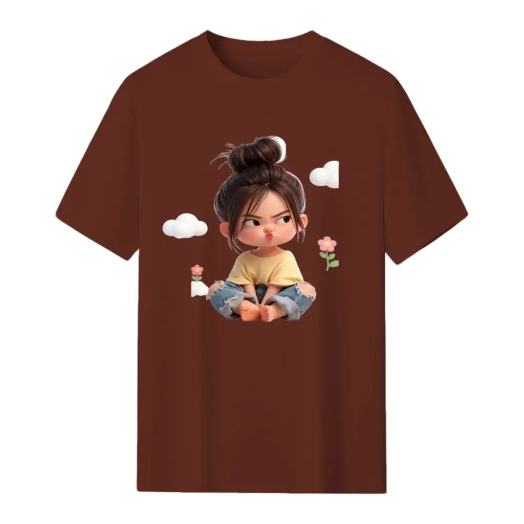 Women's Premium Cotton Cartoon Girl & Clouds Graphic T-Shirt - Short Sleeves, Crew Neck, Fitted, Elastic, Comfortable, Blush Pink Aesthetic, Casual Girly Tops, Valentine's Day Colorful Style All Seasons Beach Tee Sohochic, Valentines Day, Cartoon Style