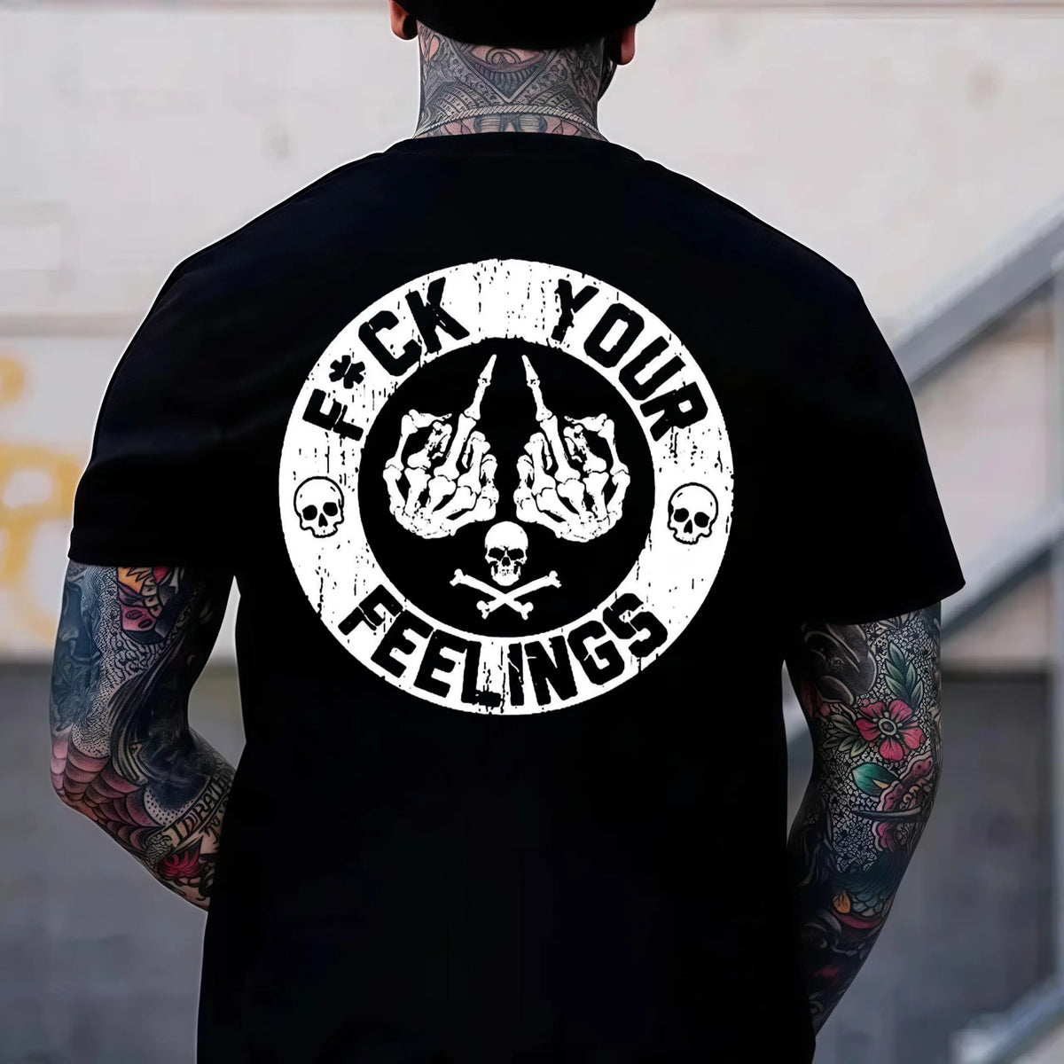 Men's "F*ck Your Feelings" Skull Graphic T-Shirt, Short-Sleeve Round Neck Loose Menswear, Bold Statement Limited Edition Fashion Streetwear Casual Angel Tee tiktokshopspringglowup,summervibes Cotton Tops Black Crewneck Tropical