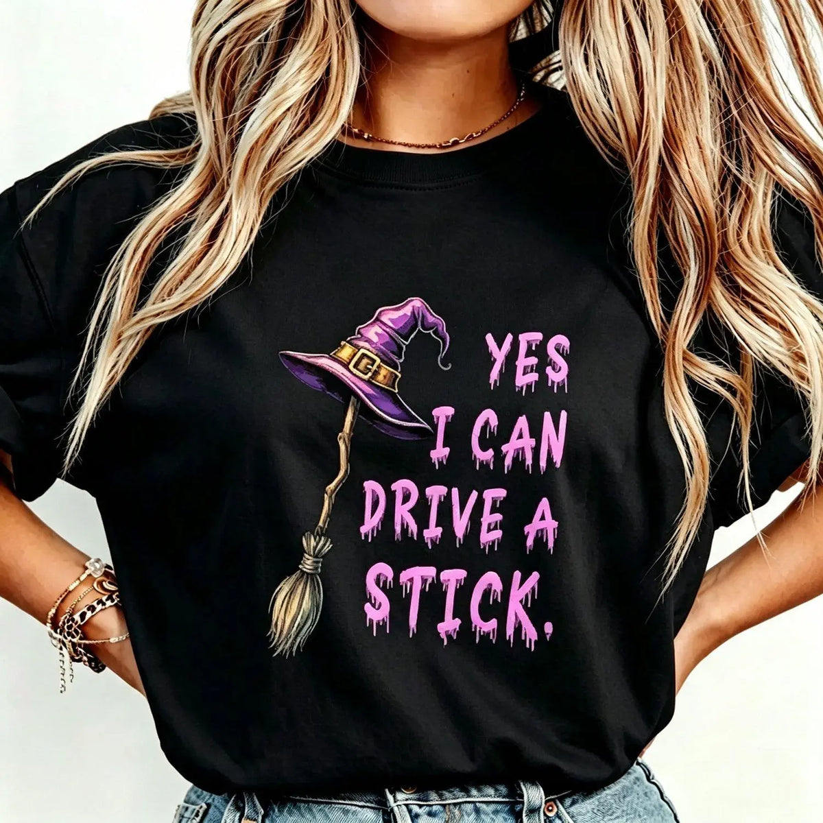Women's Short-Sleeve Graphic Tee - Cotton Feel, Funny Quote "Yes I Can Drive A Stick", Witch Hat Halloween Print, Casual Stylish Summer Women's Tops