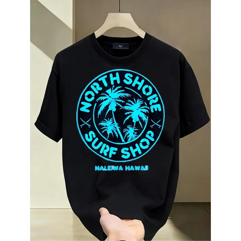 North Shore Surf Shop Hawaii T-Shirt for - Coconut Palm Tree & Surf Graphic Tee, Short Sleeve Round Neck Casual Beachwear Suitable for Birthday Gifts, Casual Attire, Hawaiian Apparel, Machine Washable Apparel