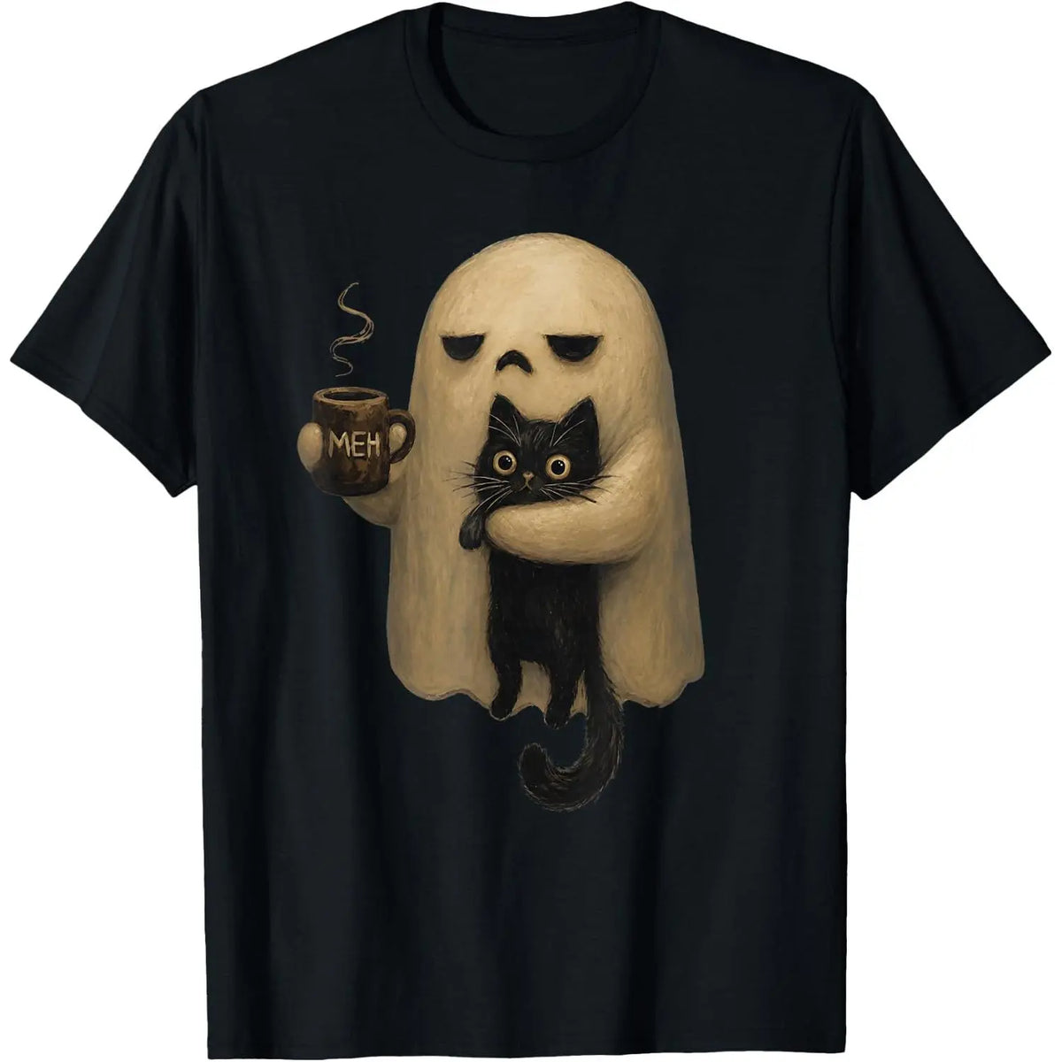 Halloween T-shirts, ChristmasSpooky Ghost Holding Black Cat Coffee Lover Funny Halloween