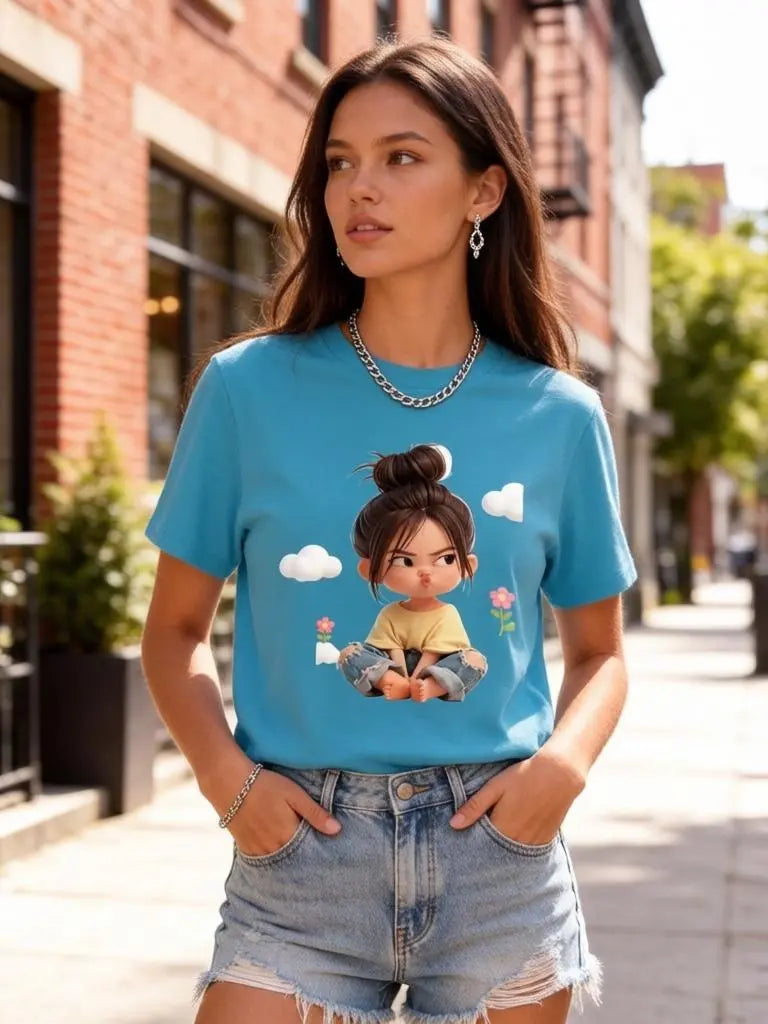 Women's Premium Cotton Cartoon Girl & Clouds Graphic T-Shirt - Short Sleeves, Crew Neck, Fitted, Elastic, Comfortable, Blush Pink Aesthetic, Casual Girly Tops, Valentine's Day Colorful Style All Seasons Beach Tee Sohochic, Valentines Day, Cartoon Style