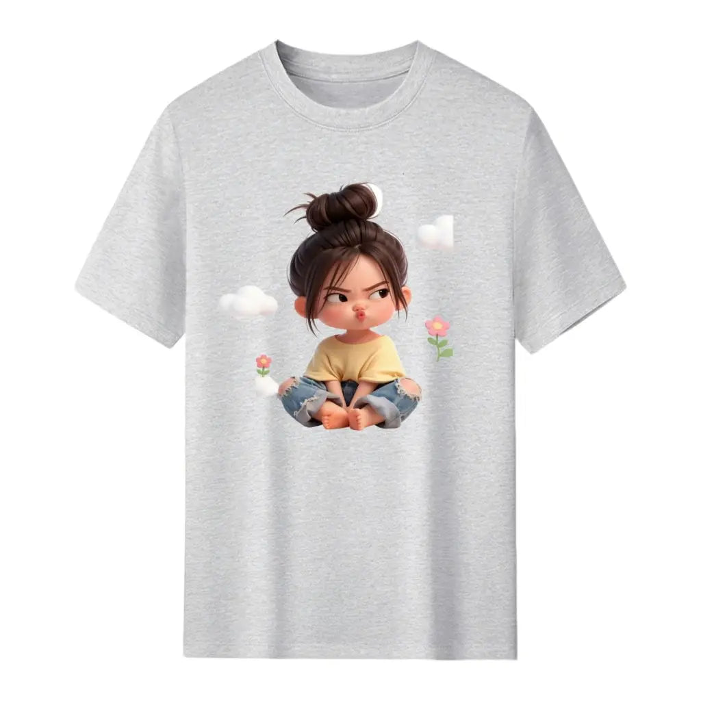 Women's Premium Cotton Cartoon Girl & Clouds Graphic T-Shirt - Short Sleeves, Crew Neck, Fitted, Elastic, Comfortable, Blush Pink Aesthetic, Casual Girly Tops, Valentine's Day Colorful Style All Seasons Beach Tee Sohochic, Valentines Day, Cartoon Style