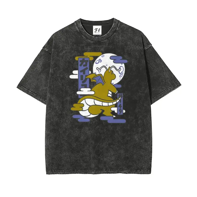 Men's Vintage Graphic T-Shirt with Ukiyo-e Dragonite Print, Soft Washed Cotton, Oversized Anime Streetwear Top, Tshirt, Mens Clothing